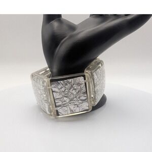 Vintage Clear Lucite Bangle Bracelet Silver Foil Inlay Chunky Statement